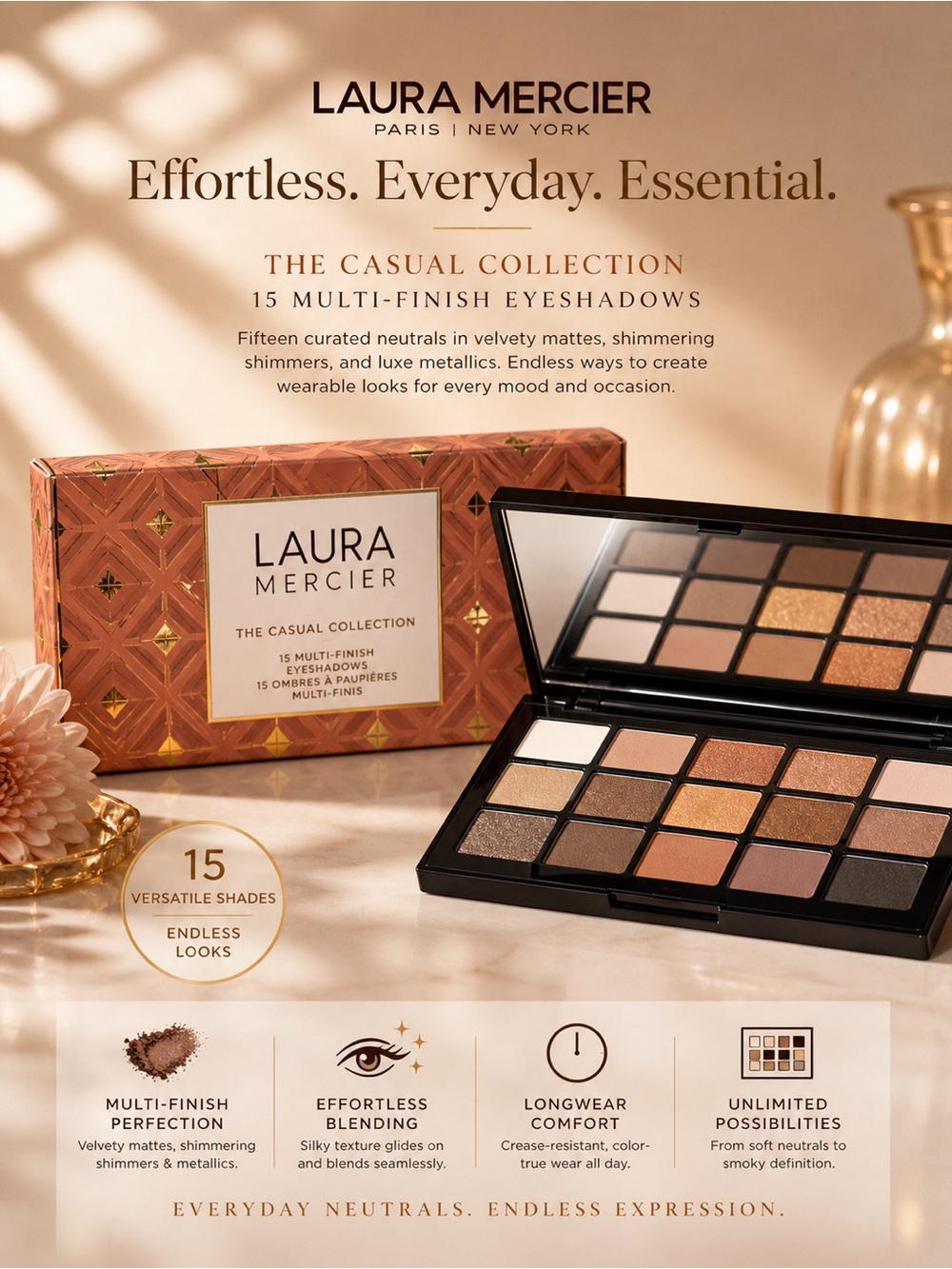 Laura Mercier Neutral 15-Color Eyeshadow Palette - Warm Beige, Gold, Brown